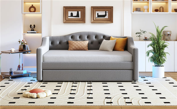 English Elm Upholstered Full XL Daybed with LED Belt and Trundle, Linen Backrest, Modern Silhouette, 450lb Capacity Gray DL002059AAE