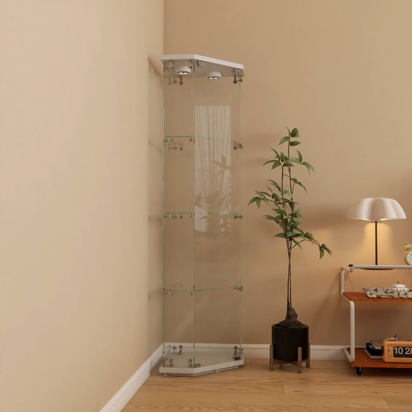 English Elm Lighted Corner Display Cabinet Four Tempered Glass Shelves Led Lit Living Room Tower White W1510P436490