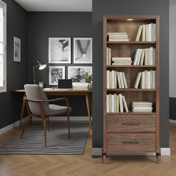 English Elm Tranquility Mid-century Bookcase Pier with Led Shelves Walnut Veneer and Drawer Storage B108P411440