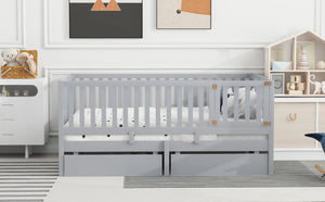 English Elm Full Size Pinewood Kids Daybed with Fence Rails Split Floor Bed and Storage Drawers Gray LP100882AAE