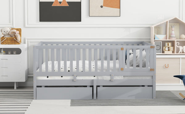English Elm Full Size Pinewood Kids Daybed with Fence Rails Split Floor Bed and Storage Drawers Gray LP100882AAE