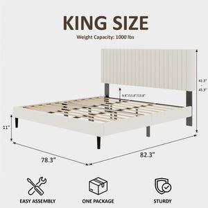 English Elm Queen Velvet Tufted Platform Bed Adjustable Headboard Steel Frame No Box Spring Beige W5239P503297