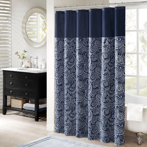 JLA Home Madison Park - Jacquard textured paisley shower curtain with contrasting top stripe, durable polyester, machine washable Navy MP70-6459