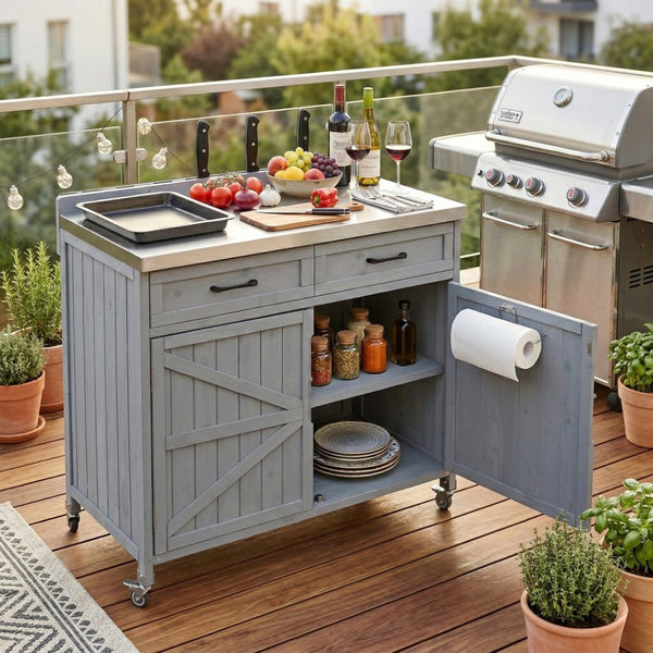 English Elm K&k Outdoor Prep Station Stainless Steel Top Fir Wood Cabinet with Drawer and Wheels Grey+Blue N707P370273G