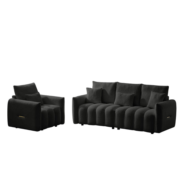 English Elm 80.7 Inch Plush Teddy Velvet 3 Seat Sofa Solid Wood Frame with Six Included Cushions Black W2564S00067