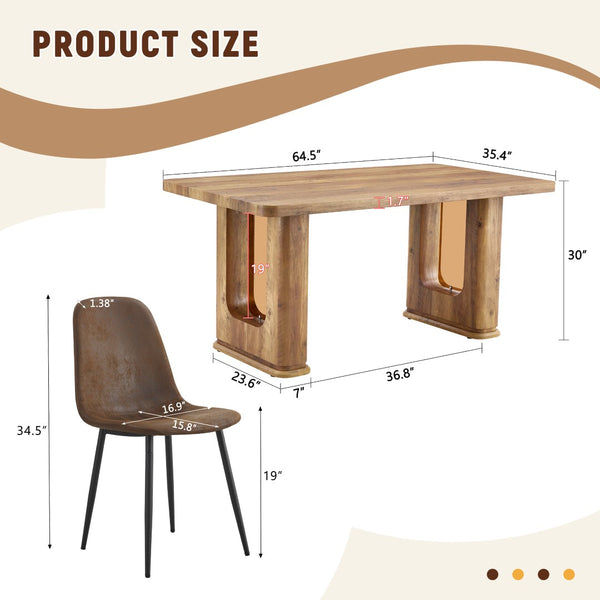 English Elm Table And Chair Set - Modern 64.5" Wood-Textured Dining Table With 6 Ergonomic Brown Chairs W1151S04086-GIGA