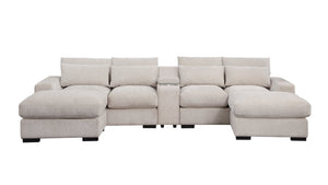 English Elm Nyeisha Flannel Velvet Sectional Sofa with Chaise Usb Ports and Built-in Console Beige B102S00076