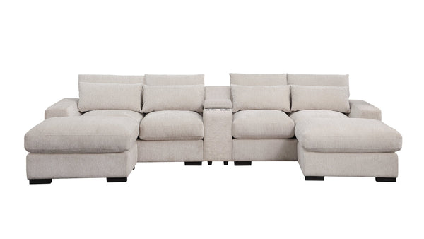 English Elm Nyeisha Flannel Velvet Sectional Sofa with Chaise Usb Ports and Built-in Console Beige B102S00076