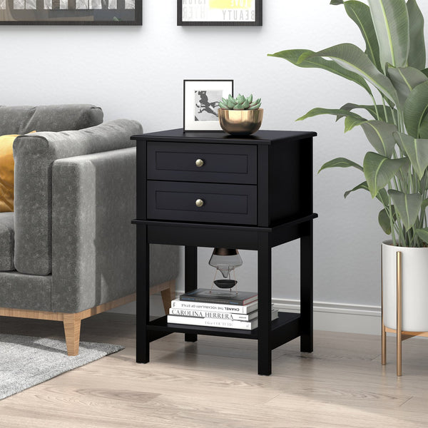 English Elm Homcom Modern Side Table With 2 Storage Drawers & Open Shelf – Sleek Black End Table For Versatile Use W2225P229113