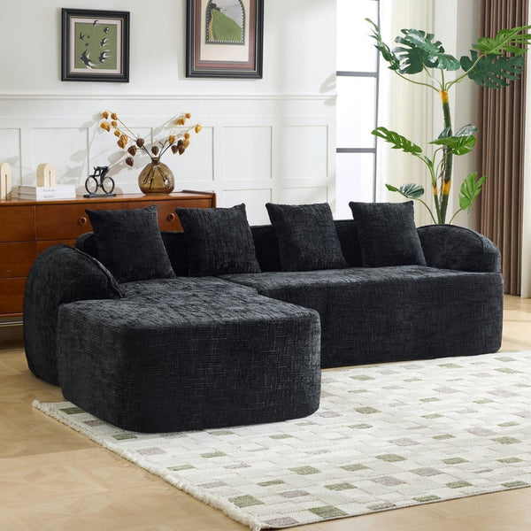 English Elm Beige Chenille L-shaped Sectional Sofa with Chaise Deep Seating and Curved Armrests Black W3612S00030