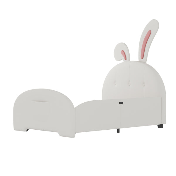 English Elm Twin Rabbit-Shape Upholstered Princess Bed with Headboard & Footboard, Sturdy Slat Platform, Durable MDF Frame White 42.91 L x 34.65 W x 6.5 H N733P198764K