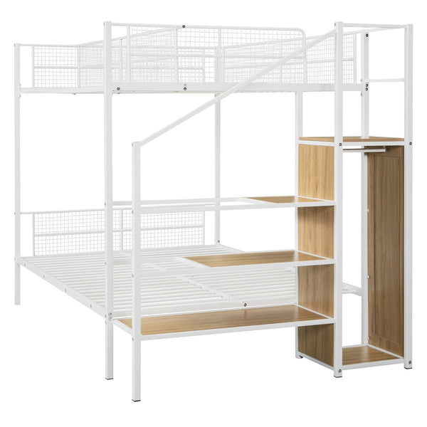 English Elm Twin Over Full Metal Bunk Bed with Trundle, Step Ladder Storage, Wardrobe & Wire Shelving, Durable Frame White SF000172AAK