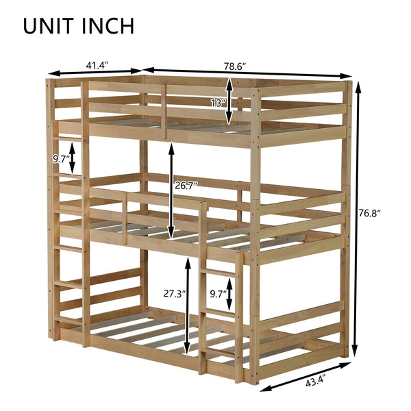 English Elm Triple Rubber Wood Bunk Bed with Built-In Ladders and Guardrails Maximizes Space for Families, Durable Design White Oak W504S00176