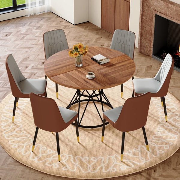 English Elm Table and Chair Set Round Walnut Mdf Dining with Six Two-tone Pu Seats Gold Legs Brown,Light Gray,Walnut+Black W1151S04842