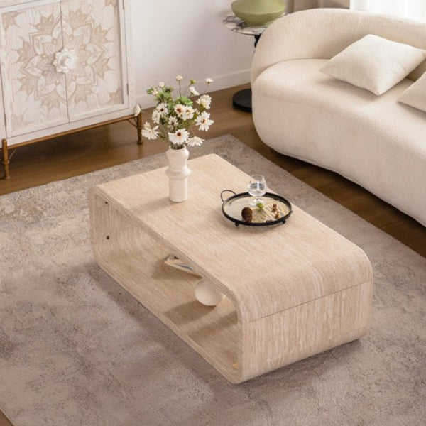 English Elm Modern Racetrack Oval Coffee Table Light Wood Veneer Open Shelf Airy Living Room W3081P352091