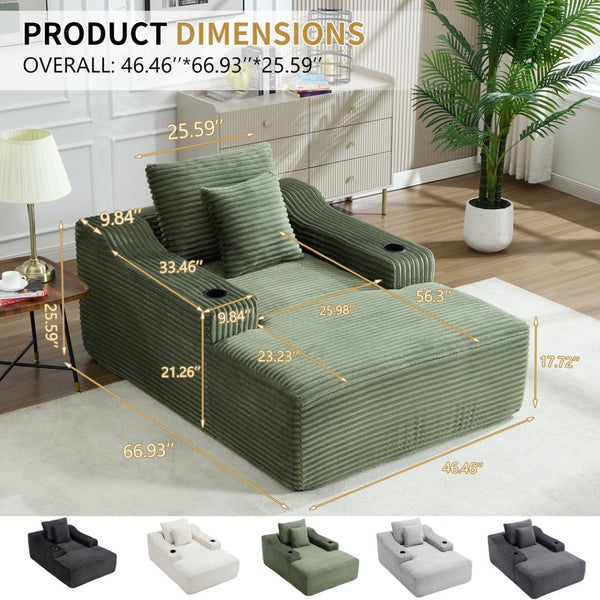 English Elm 67" Corduroy Oversized Chaise Sleeper Sofa Deep Seat Boneless Lounge with Cup Holder Pillows Green W1803P409244