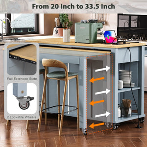 English Elm K&k Farmhouse Kitchen Island Extendable Table Rubber Wood Veneer Built-in Charging Storage Grey+Blue N707S215327G