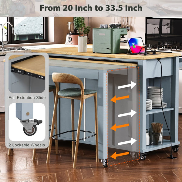English Elm K&k Farmhouse Kitchen Island Extendable Table Rubber Wood Veneer Built-in Charging Storage Grey+Blue N707S215327G