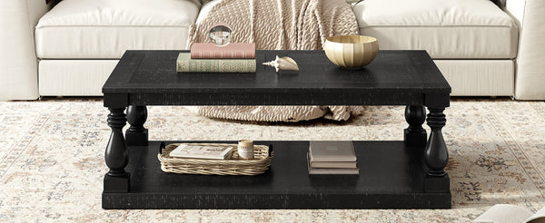 English Elm U_style Pine Veneer Coffee Table with Sculptural Turned Legs for Classic Living Room Decor Black N711P407149B