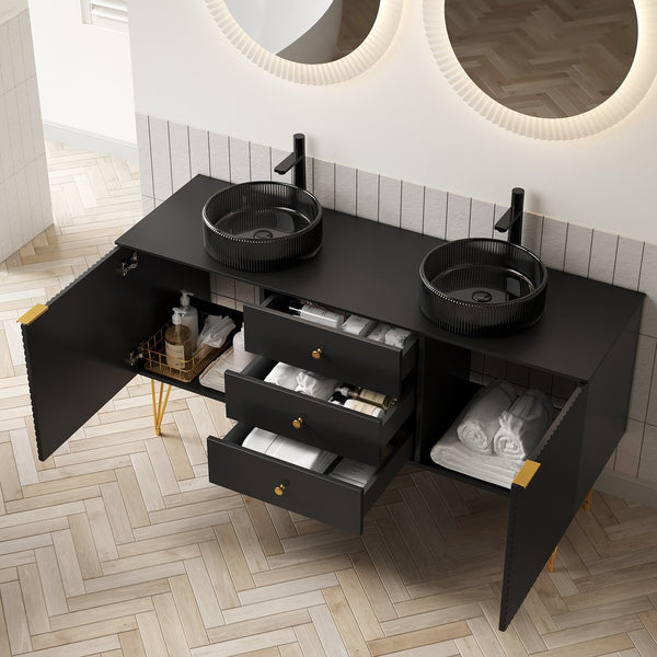 English Elm Gema 60" Freestanding Bathroom Vanity With Gold Legs, Dual Glass Basins & Durable Stone Top Upgrade W2615S00313