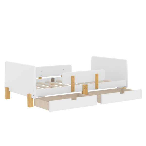 English Elm Twin Low Profile Kids Floor Bed Pine Wood Frame with Safety Rail and Built in Bookshelf Light White W1580P373241