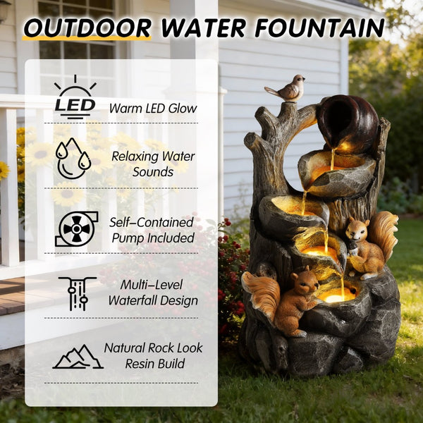 English Elm Squirrel Resin Tree Stump Outdoor Water Fountain with Led Lights Garden Patio Decor W5397P454718