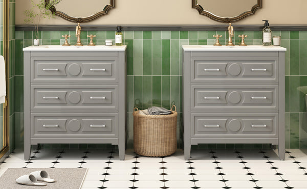 English Elm 60'' Freestanding Bathroom Vanity Set With Ceramic Sink, Gray Wood Frame & 3 Soft-Close Drawers N710SS00003E