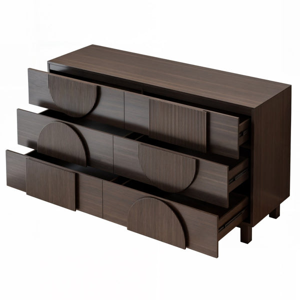 English Elm Modern Fluted 6 Drawer Dresser with Solid Wood Legs Japandi Chest for Bedroom Dark Brown N739S0000013D