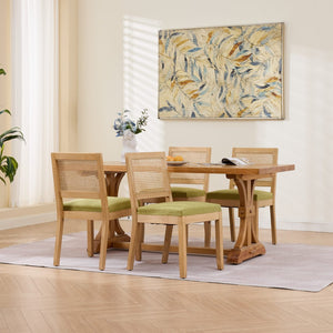 English Elm Farmhouse Rattan Back Dining Chairs Set of 2 with Linen Seat and Hardwood Legs Olive Green W1143P452936