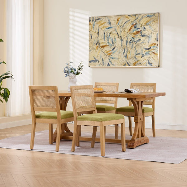 English Elm Farmhouse Rattan Back Dining Chairs Set of 2 with Linen Seat and Hardwood Legs Olive Green W1143P452936