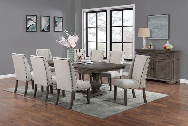 English Elm Traditional Nine Piece Oak Dining Set with Wingback Chairs and Double Pedestal Table B011S01039