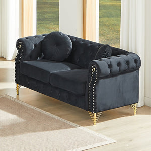 English Elm 60.5-inch Crushed Velvet Chesterfield Sofa Tufted Button Design with Copper Stud Trim Black W834S00622