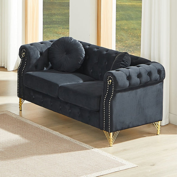 English Elm 60.5-inch Crushed Velvet Chesterfield Sofa Tufted Button Design with Copper Stud Trim Black W834S00622