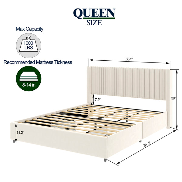 English Elm Anna Ivory Velvet 2-Drawer Storage Bed Queen with Vertical Channel Tufted Headboard, No Box Spring Needed B083P156196