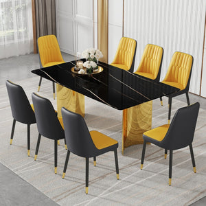 English Elm Table Set With Glass Top & Golden Legs, 8 Ergonomic Pu Dining Chairs In Orange & Dark Gray W1151S04341-GIGA