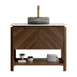 English Elm Dina Floating Bathroom Vanity Sintered Stone Top Glass Basin Striped Plywood Cabinet W2615S00730