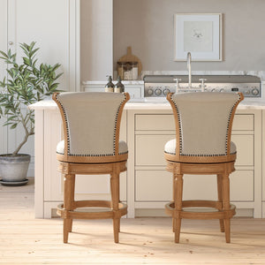 English Elm 26in. Wood High-back Swivel Barstool Farmhouse Style Nailhead Upholstered Kitchen Seat Oak B2751P436434