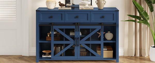 English Elm U_style Industrial Sideboard with Sliding Barn Doors Iron Mesh Panels and Three Drawers Navy Blue N711P347384V