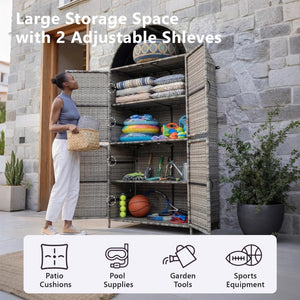 English Elm K&k Tall Arched Pe Rattan Outdoor Storage Cabinet with Adjustable Shelves and Steel Frame Grey N707P420158G