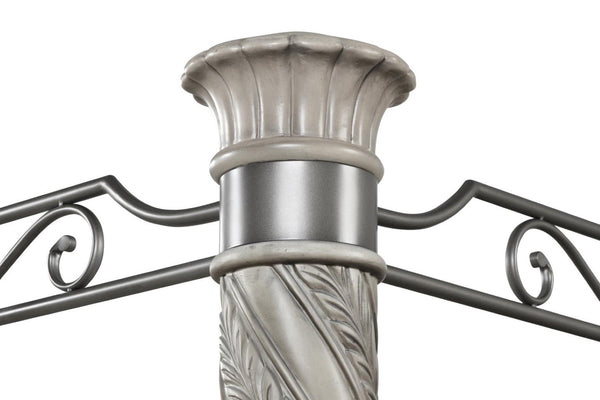 English Elm Gray Upholstered Canopy King Bed Carved Posts Nailhead Trim Grand Bedroom B2699S00119