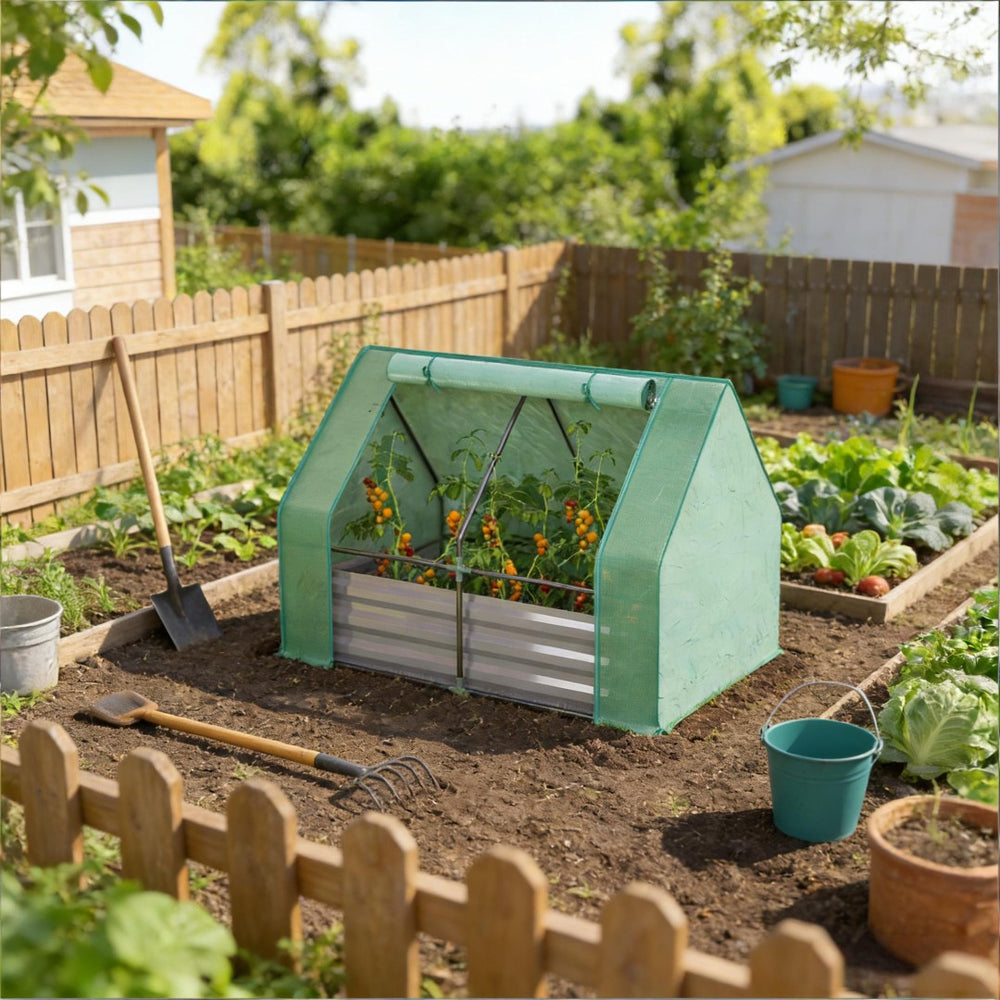 English Elm 2-in-1 Galvanized Steel Raised Garden Bed with Pe Greenhouse Cover for Year Round Growing Dark Gray,Green T3971P455741