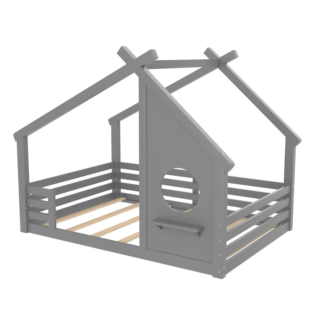 English Elm Full House Floor Bed with Roof Window and Shelf – Solid Pine Kids Loft-Style Low Bed, Durable Design Grey W1580P362698