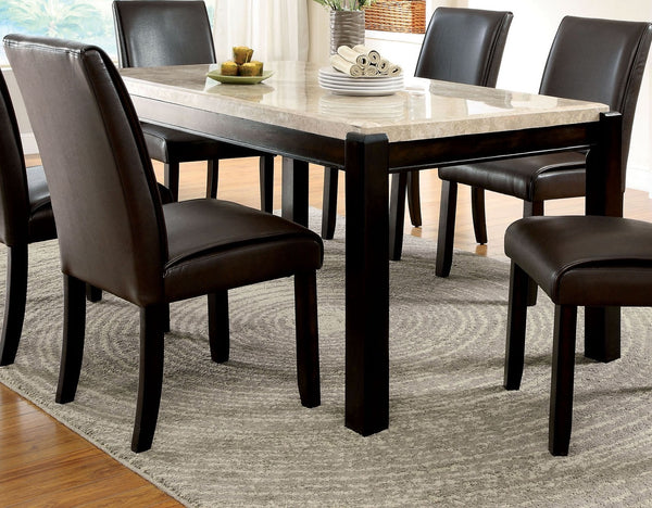 English Elm Transitional Dark Walnut Dining Table with Genuine Ivory Marble Top, 64" x 38" Rectangle, Elegant Finish B2741P322608