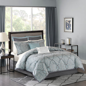 English Elm 12 Piece Comforter Set - Luxurious Greyish-Blue Damask With Cotton Sheets & Elegant Pillows, Queen B03596806