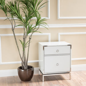 English Elm Christopher Knight Home® - Modern White End Table Nightstand with 2 Drawers, Mirrored Silver Trim & Legs, Compact Glass Bedside 65936.00