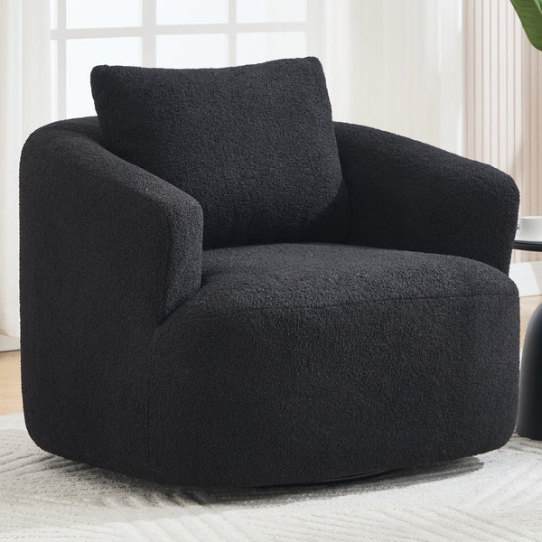 English Elm 360° Swivel Barrel Chair Teddy Fleece Upholstery with Pillow for Bedroom Reading Nook Black W1803P363032