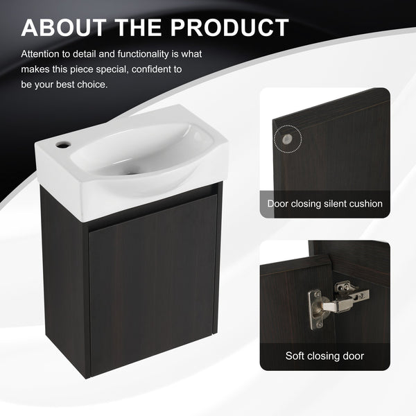 English Elm 16" Bathroom Vanity Sink Combo for Small Spaces — Compact Engineered Wood Cabinet with Ceramic Basin, Moisture-Resistant Finish and Hidden Handle, Easy Assembly Black W1972P190340