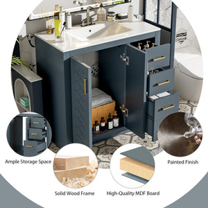 English Elm 36'' Bathroom Vanity with Ceramic Sink Combo Solid Wood Frame Soft-Closing Drawers Ample Storage Elegance Blue N710P243327C