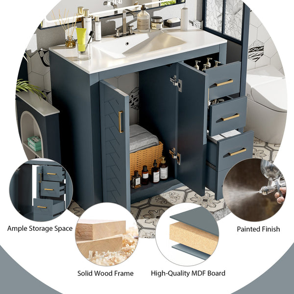 English Elm 36'' Bathroom Vanity with Ceramic Sink Combo Solid Wood Frame Soft-Closing Drawers Ample Storage Elegance Blue N710P243327C