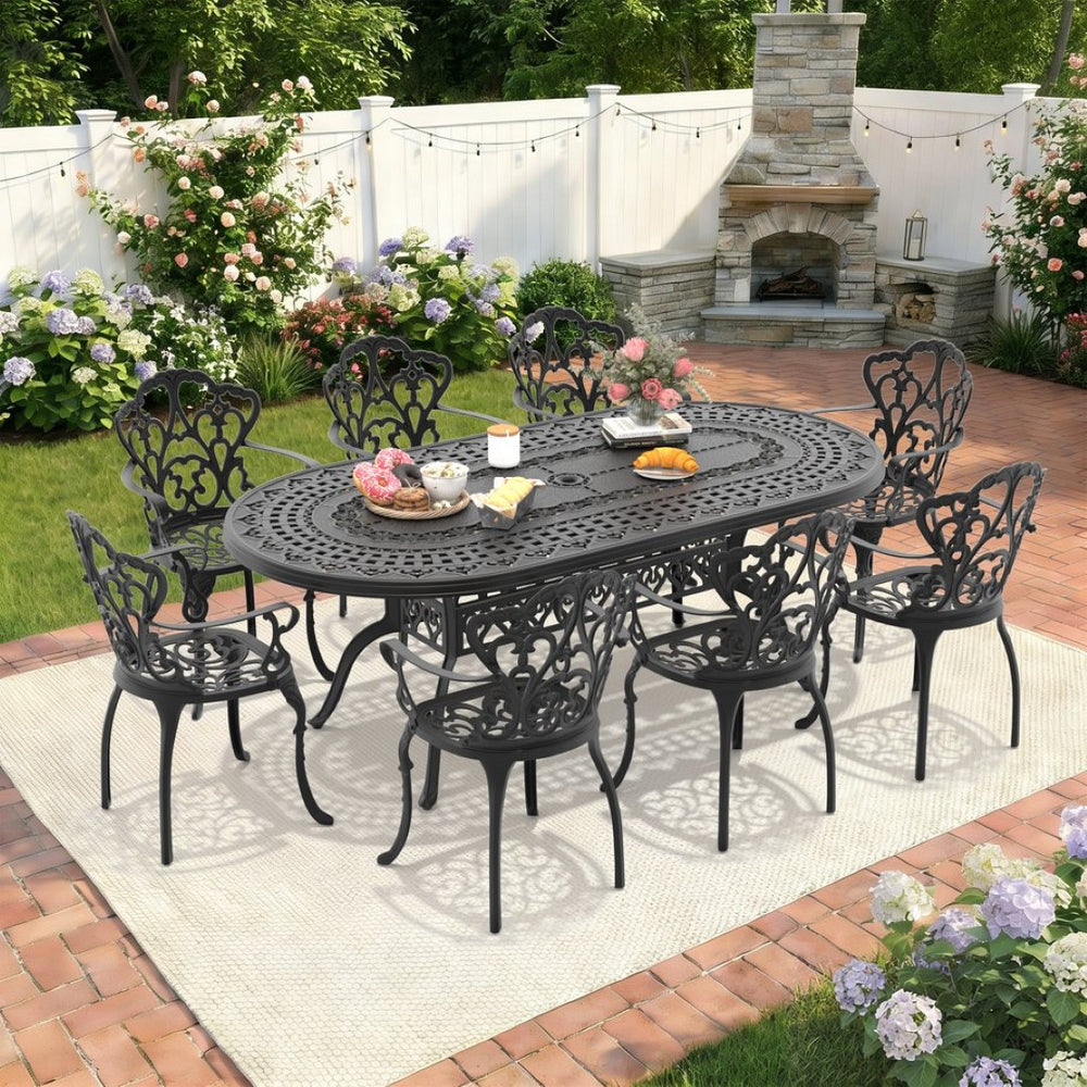 English Elm 9-piece Cast Aluminum Outdoor Dining Set Carved European Style Oval Table for 8 W1710S00659